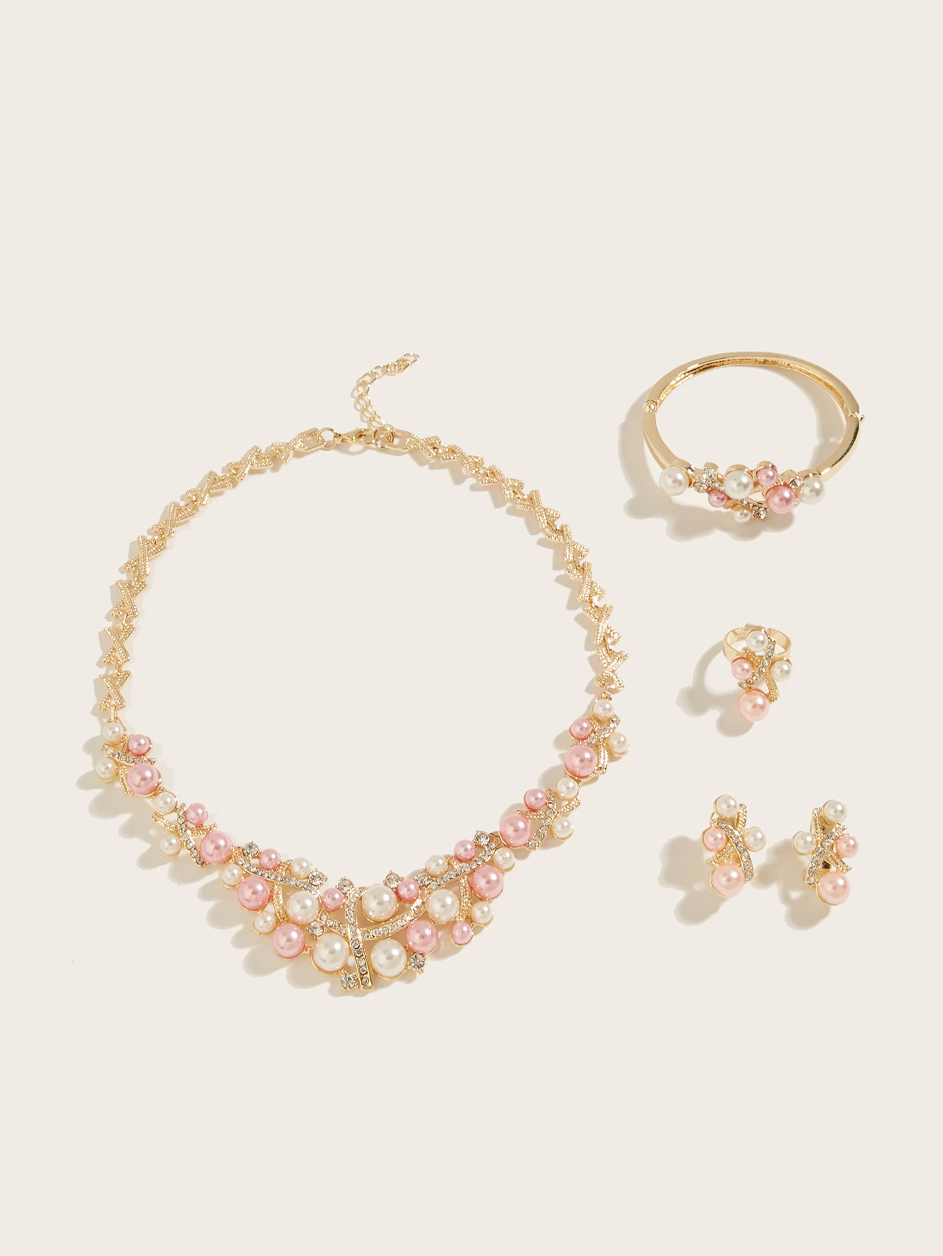 Stylish Pink and White Imitation Pearls and Rhinestone Jewelry Set, Including Necklaces, Bracelets, Earrings, Rings, the Most Suitable for Women’S Wedding Parties
