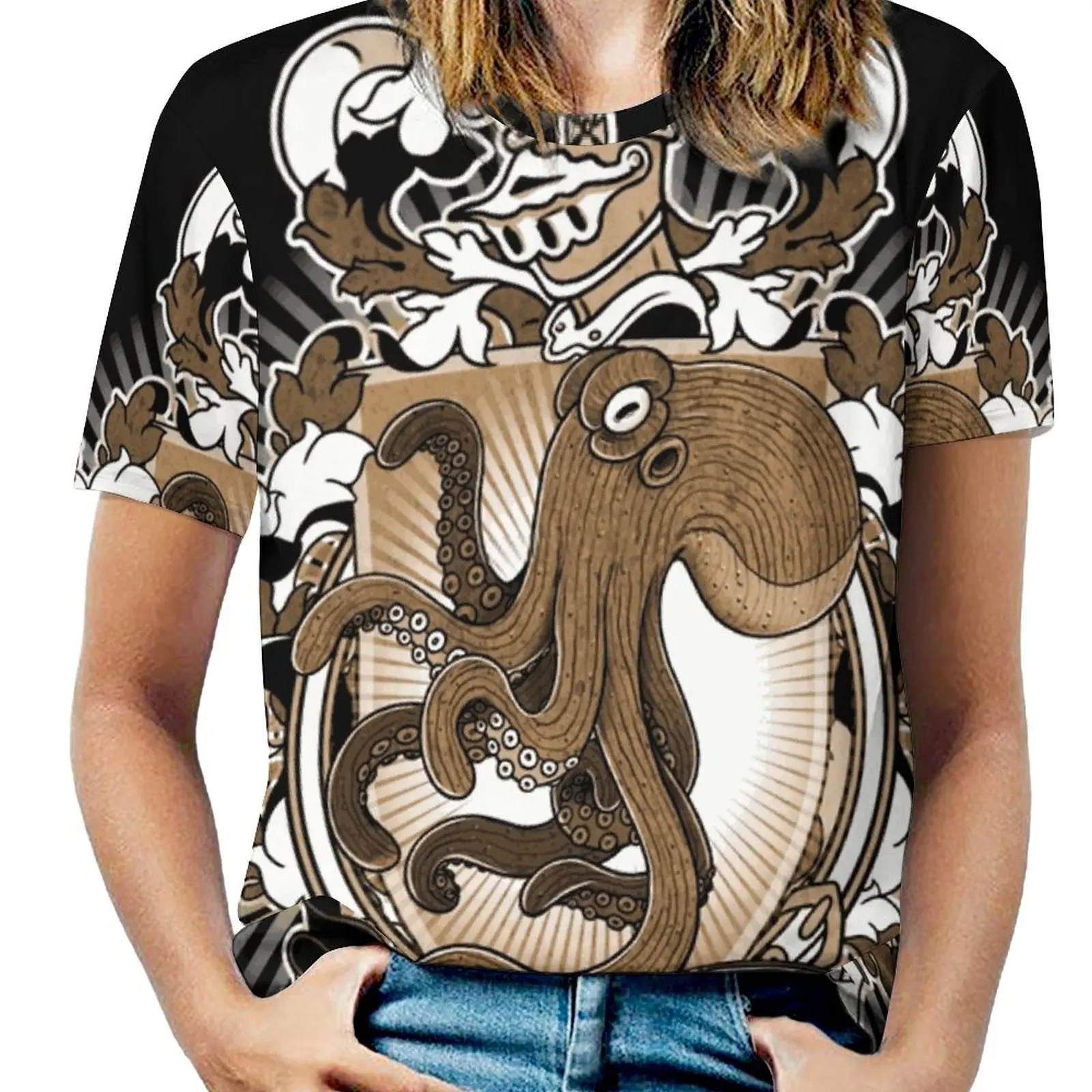 Octopus Coat Of Arms Heraldry Woman'S T-Shirt Spring And Summer Printed T Shirts Crew Neck Pullover Top Octopus Animal Fantasy