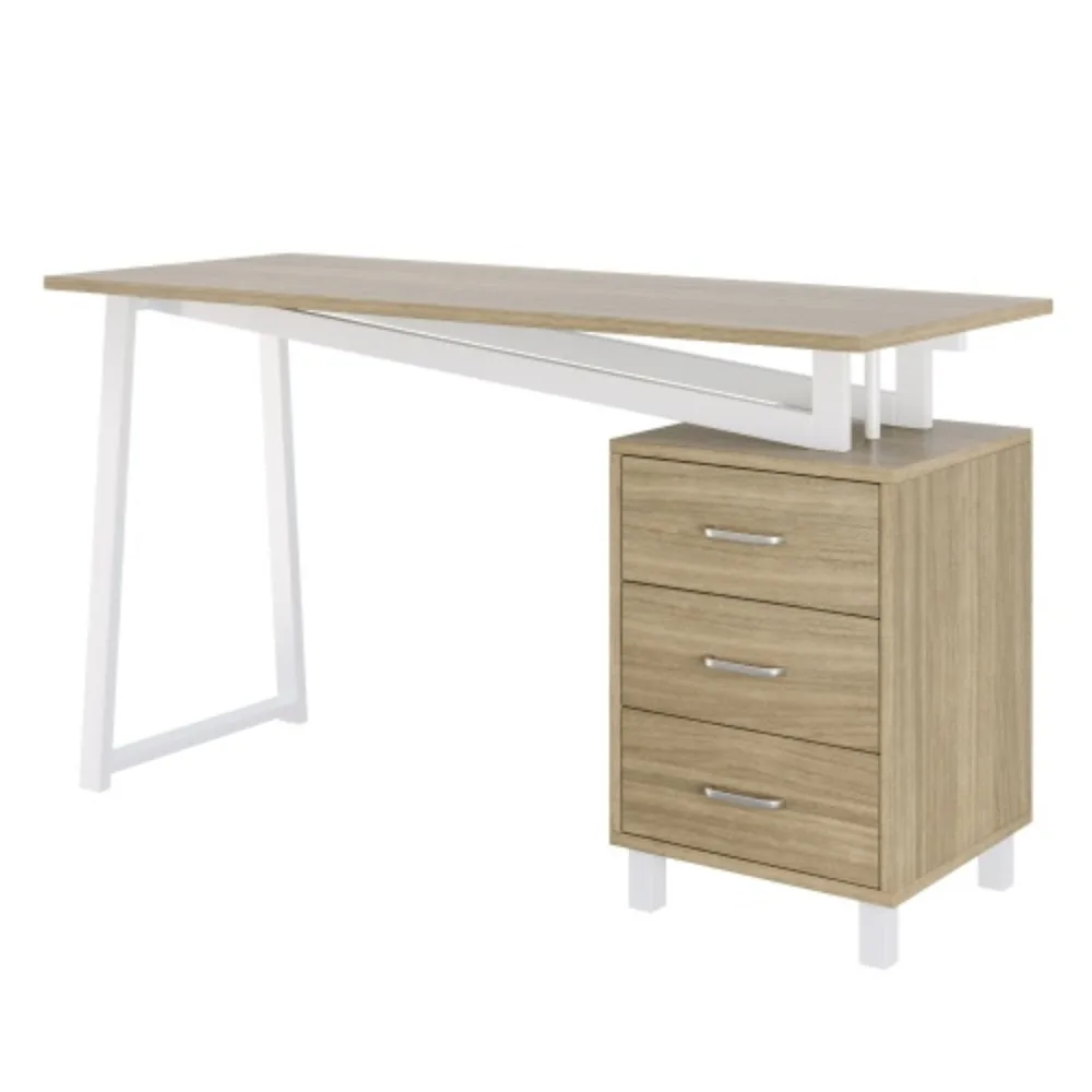 Bureau d'ordinateur avec plateau en bois massif, structure en tube d'acier (blanc), 3 tiroirs, pour bureau à domicile/étude