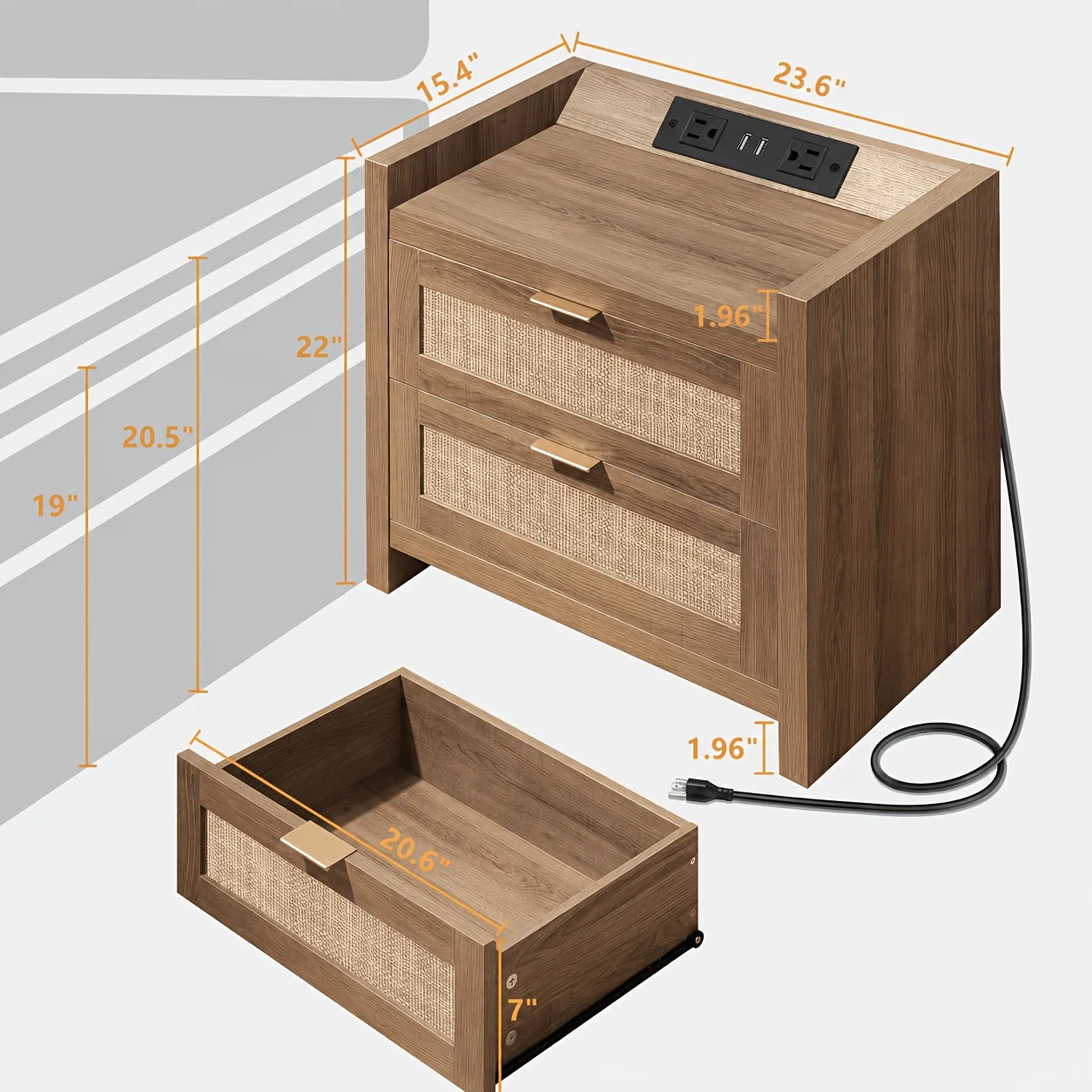Rattan Nightstand End Table - Night Stand Bedside Table with Type-C Charging Station, 2 Drawer Storage - Boho Nightstands