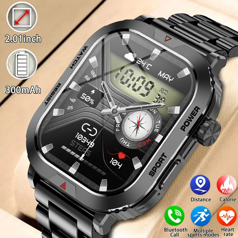 

2024 New Rugged Military Smart Watch Men For Xiaomi Android IOS Fitness Watches Waterproof 2.01 inch Bluetooth Call Smartwatch