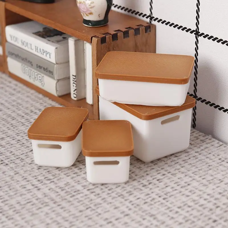 4Pcs/set Dollhouse Miniature Storage Box With Cover Model Mini Storage Case Doll House Decor Toy Accessories