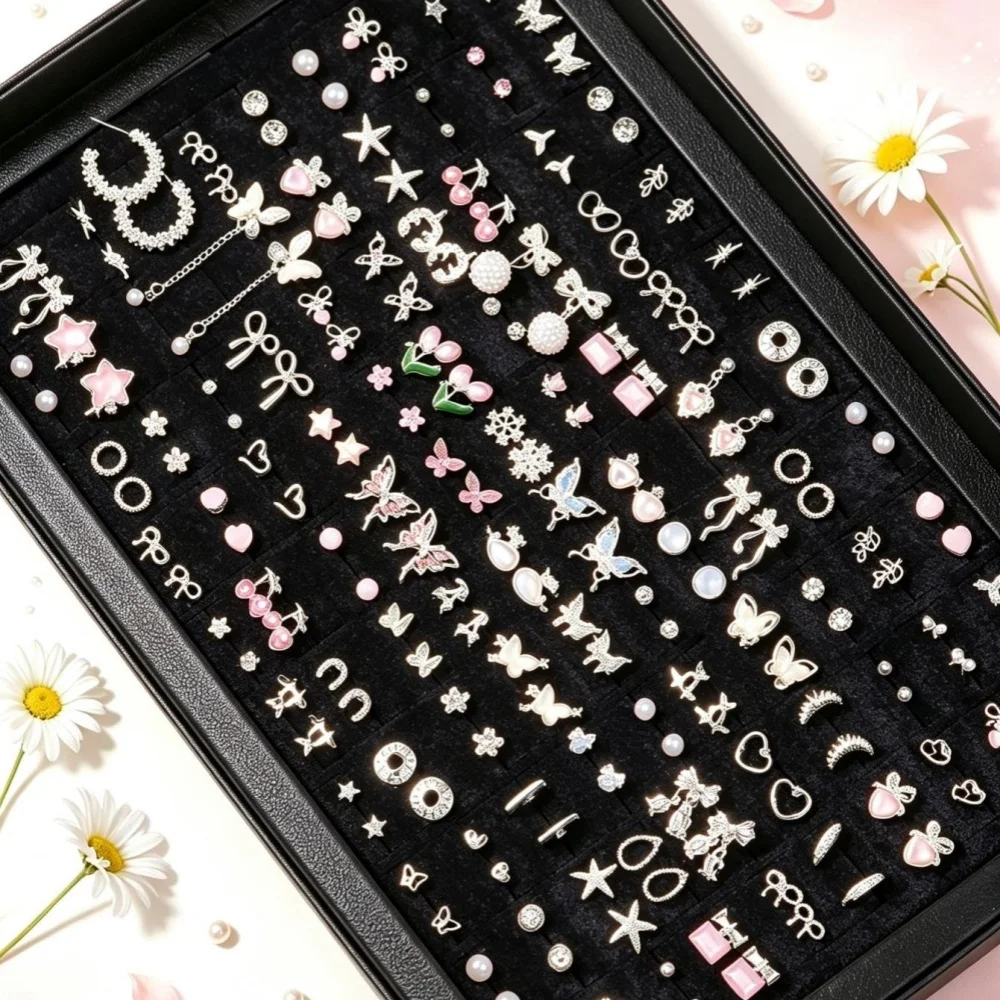 13/15/18/21Pairs Sweet Aesthetic Rhinestone Stud Earrings For Women Cute Fashion Butterfly Enamel Flower Mix Jewelry Daily Gifts