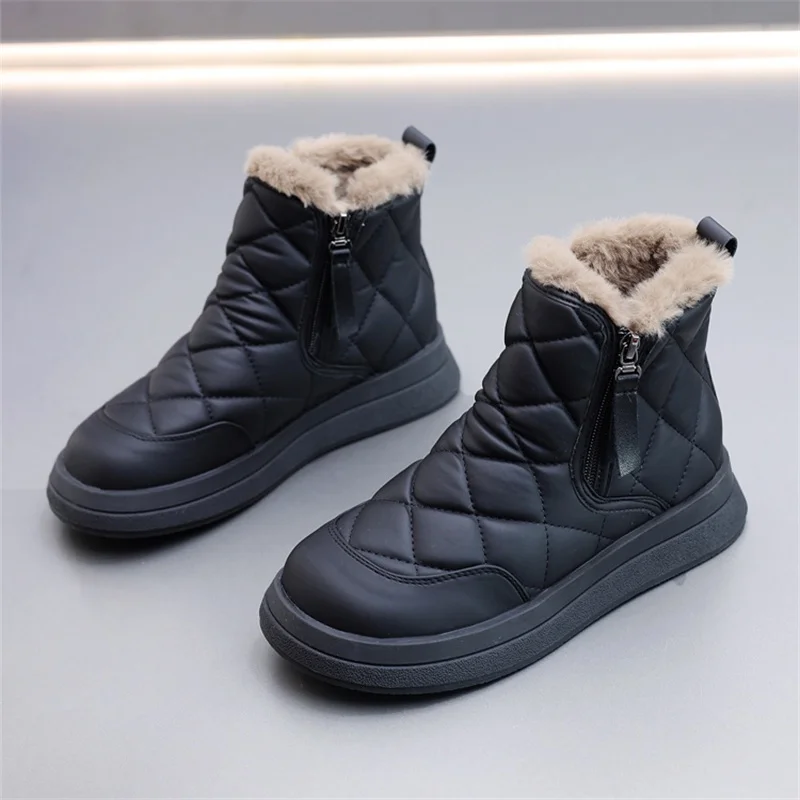 Winter Casual Ankle Boots Comfortable Classics Botas Mujer Simple Side Zipper Leather Shoes Warm Non-Slip Cozy Outside Sapato