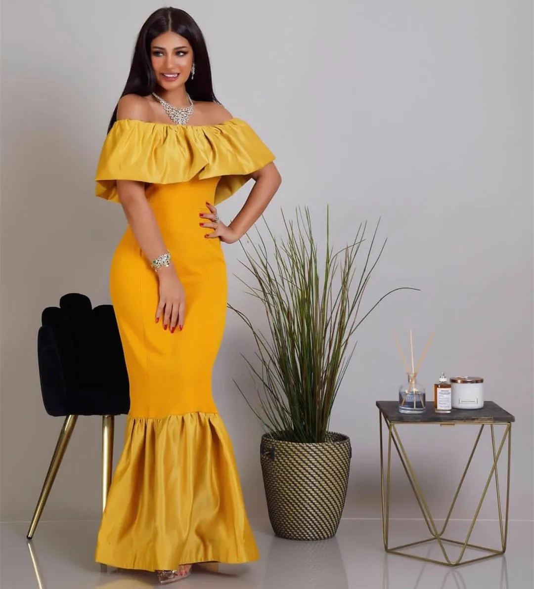 

BridalAffair Long Yellow Satin Muslim Evening Dresses Mermaid Off Shoulder Floor Length Zipper Back Robe De Mariée Party Gown