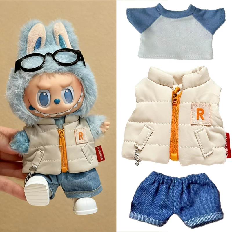 ل 15 17 سنتيمتر Labubu دمية بلون الشتاء أسفل سترة مع أحذية الجينز الزي الكامل الملابس اللون حجب تي شيرت الملابس