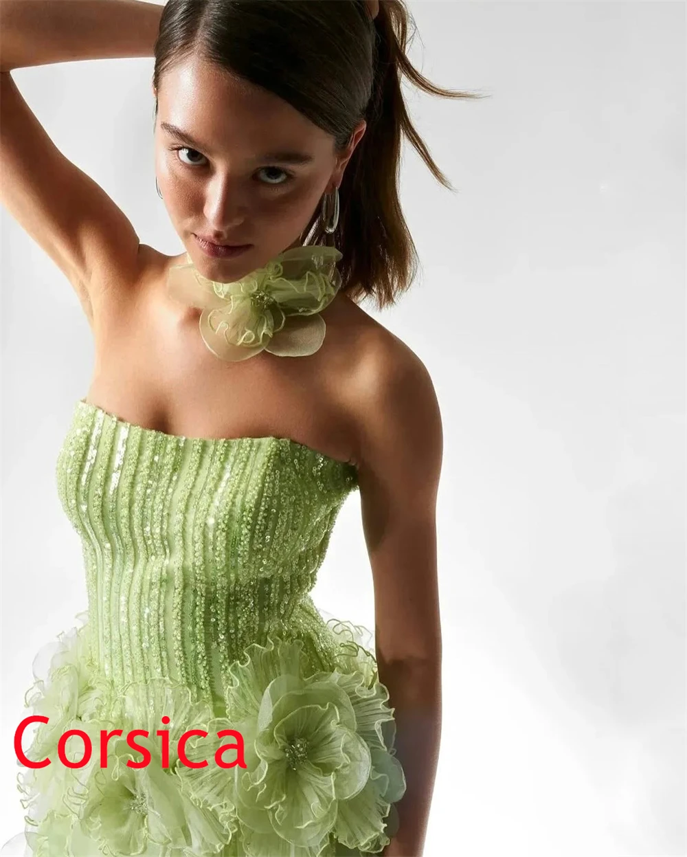 

Customized Charming Green Tulle Evening Dress Classic Strapless Sleeveless Homecoming Dress High Quality Flowers Party Gowns