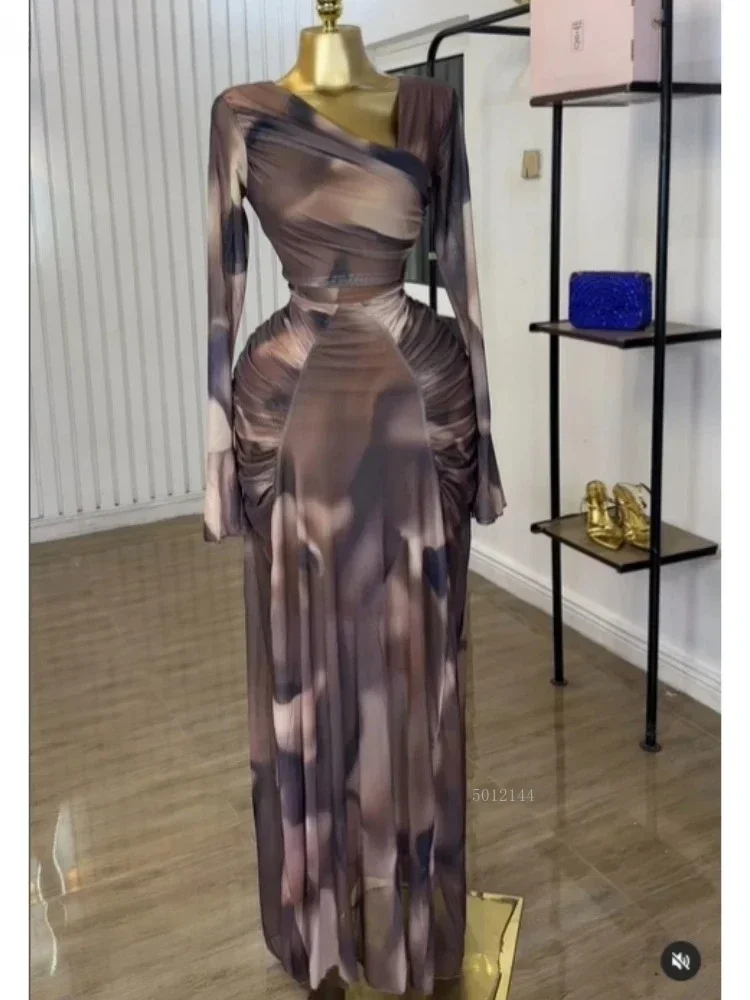 Women's Tie Dye Maxi Dress with Skew Neck Flare Long Sleeve Ruched Stacked Design Sexy Long Dress for Summer Birthday Party