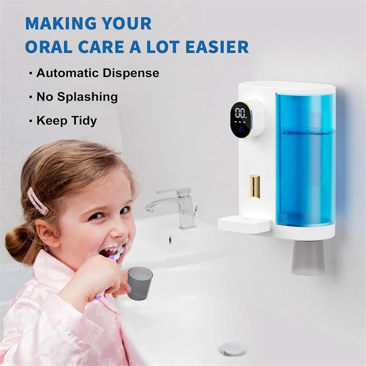 Automatic Mouthwash Dispenser for Bathroom: Wash Dispenser with Magnetic Cup Holder, Wall Mounted for Kids Adults White