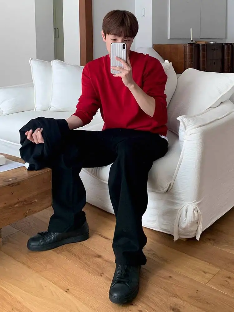 SYUHGFA 2025 الخريف النمط الأمريكي الرجال الجينز المتخصصة تصميم بلون بنطلون مستقيم واسعة الساق عادية الذكور الدنيم السراويل