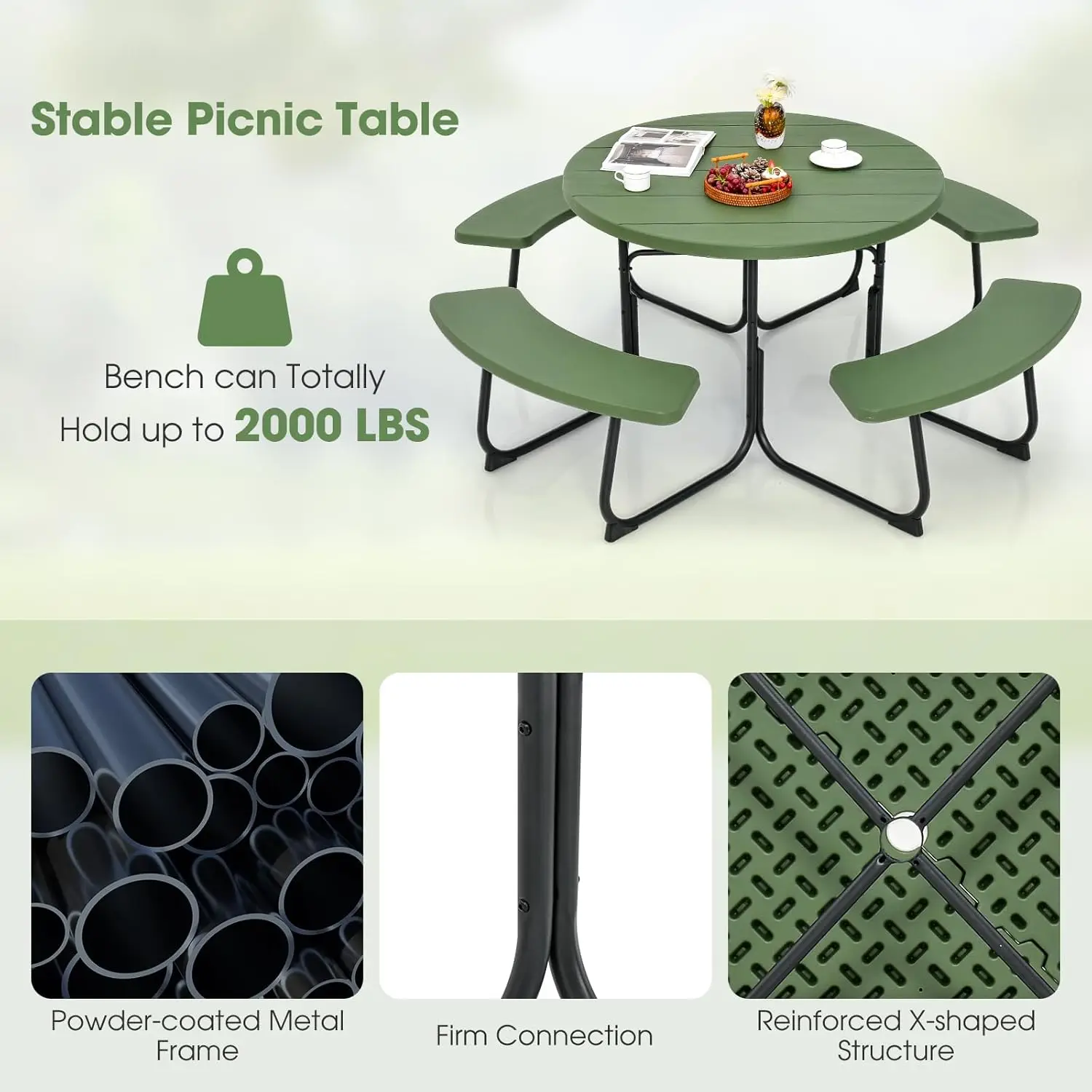 Table Set for Up to 8 Persons, Round Outdoor Table and Bench Set with Umbrella Hole, HDPE Top & Metal Frame, 2000LBS Capacity