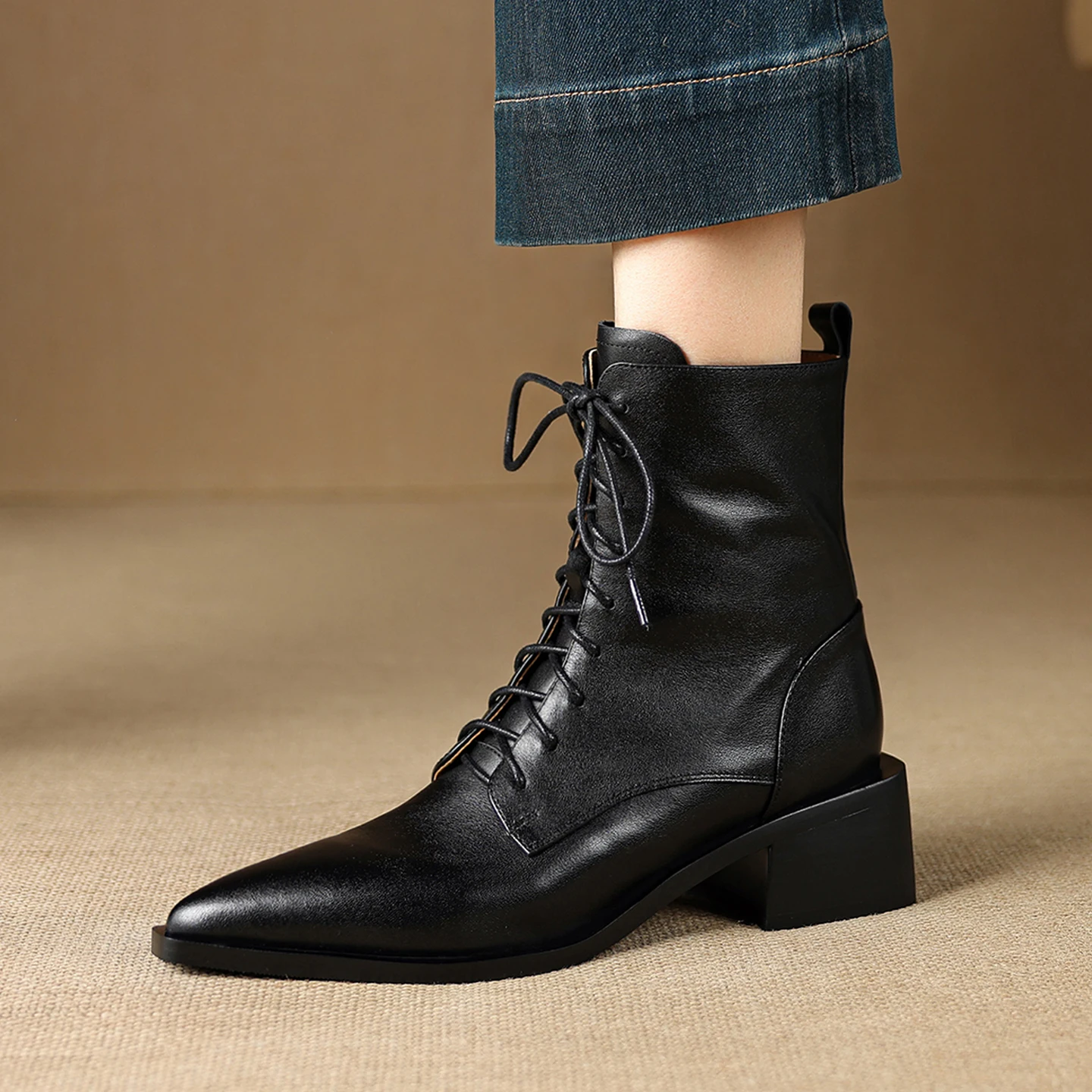 2026 new autumn winter women ankle boots natural leather plus size 22-25cm cowhide pointed toe thick heel side zip short boots