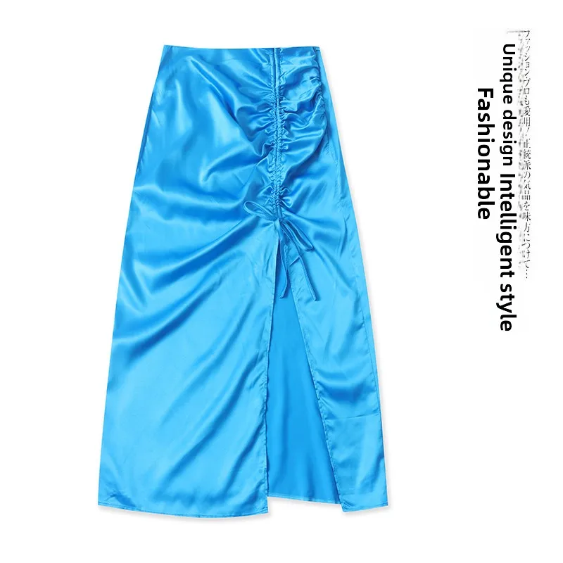 

Silk Satin f Skirt l Waist Dstring Belted Split New Summer Women's Faion Mid-Length Midi Skirt Empire Polya