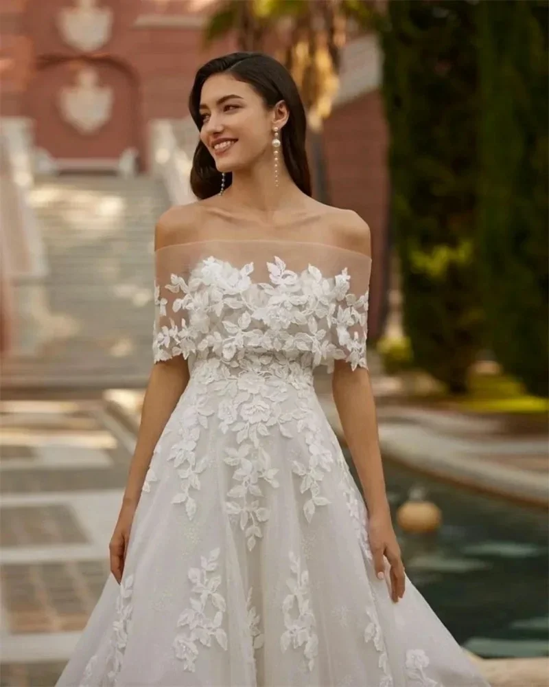 

Customized Elegant Appliques Wedding Dresses A Line Appliques Long Sleeve Woman's Bride Gowns Off The Shoulder Vestidos De