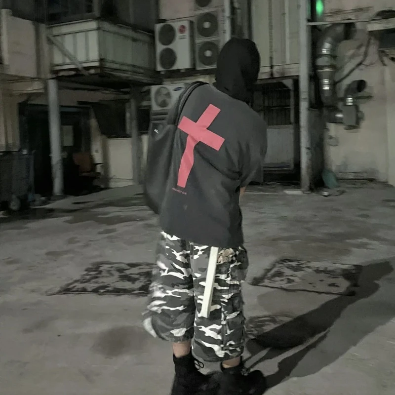 Grailz SS25 100% Cotton Pre-Washed Vintage Streetwear Letter Cross Short-Sleeve T-Shirt for Men and Women