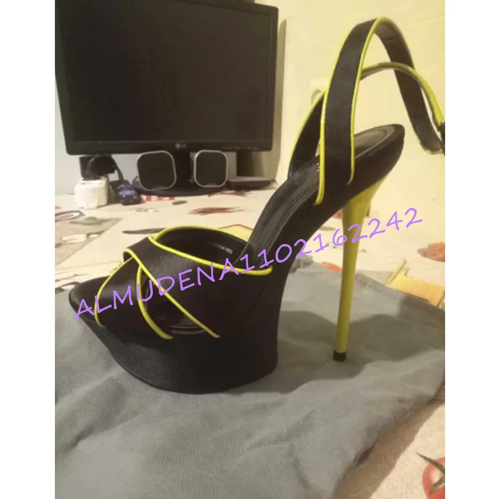Women'S Beige Leather Platform Sandals Neon Pink Trim Ankle Strap Stiletto High Heel Wooden Sole Crisscross Party Clubwear Shoes
