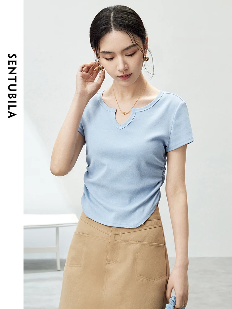 

SENTUBILA Shirring-detail Cotton T-shirt for Women 2024 Summer Casual Slim Fit V-neck Short Sleeve Womens Knitted Top 142T54089