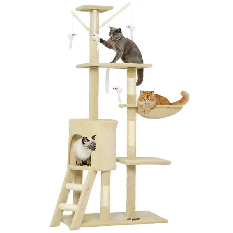 Kratzbaum Katzenbaum mit Höhle, 4 Spielzeugen, Sisalstämmen, großer Plattform, Treppe, für Katzen unter 5 kg, Beige