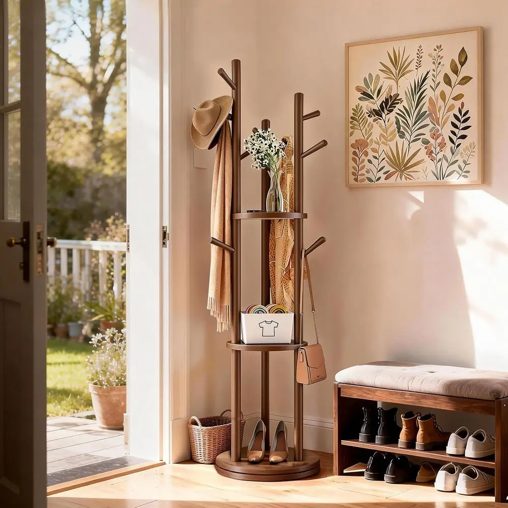 Solid Wood Rotary Rack,  Rack reestanding with 3 StoraShees & 9 hooks,  Tree or Entryway, Livingroom, edroom