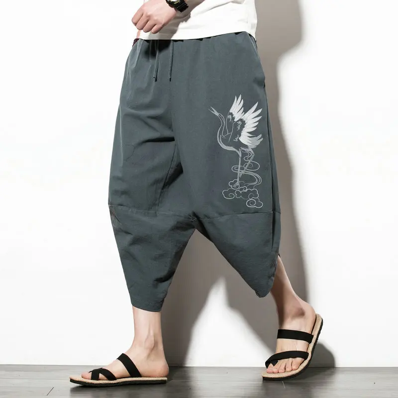 Men's  3/4 Harem Pants, Chinese Style Crane Print Lightweight Loose Elastic Waist Drawstring Casual Drop Crotch Trousers For Man