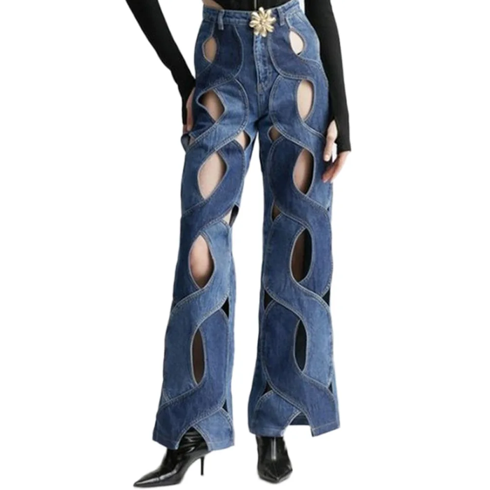 

Autumn New Women High Waist Metal Buckles Twist Love Straight Jeans