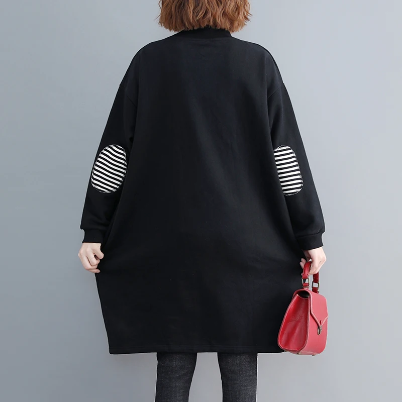plus Size Hoodie Slimming Medium Length Patchwork Thiened Fce Women's Artistic Spring Faion Striped Splice Trendy Swea...