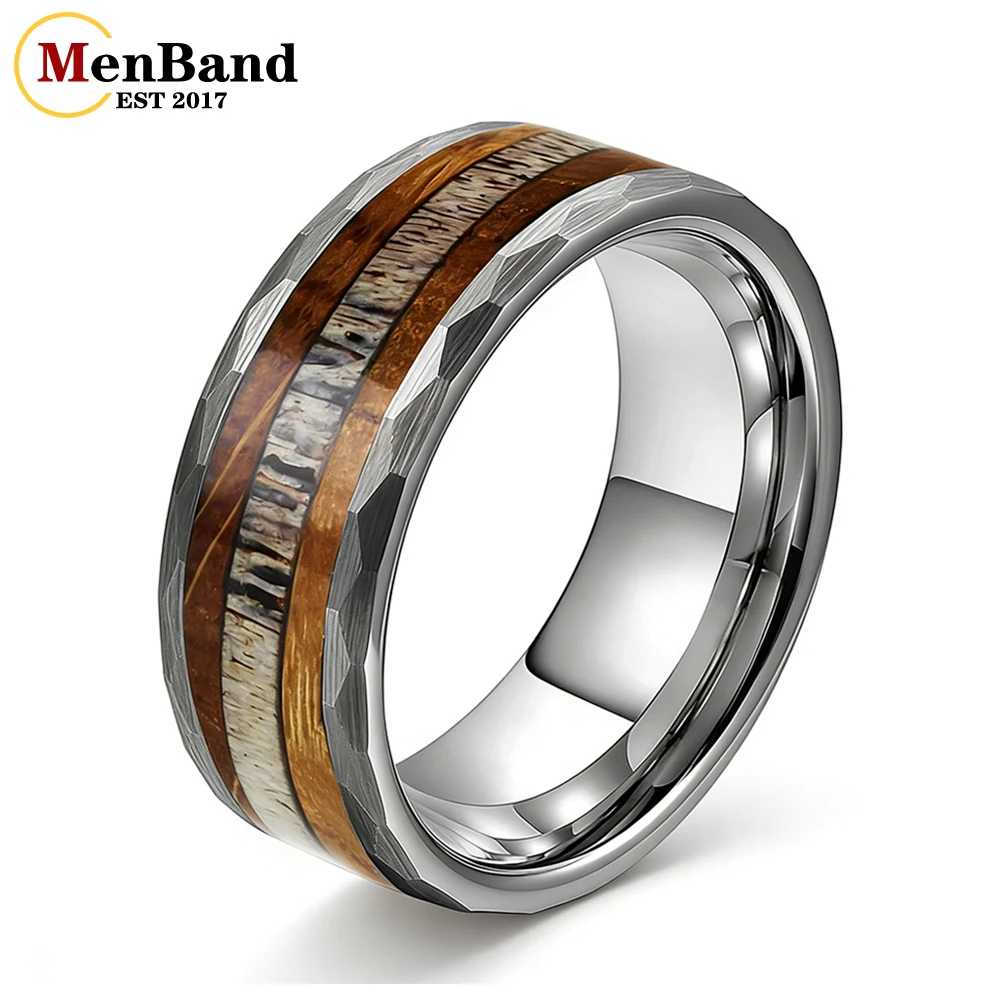 

MenBand Classic 8MM Whiskey Barrel Oak Wood And Deer Antler Inlay Tungsten Band Rings for Men Women Wedding Engagement Jewelry