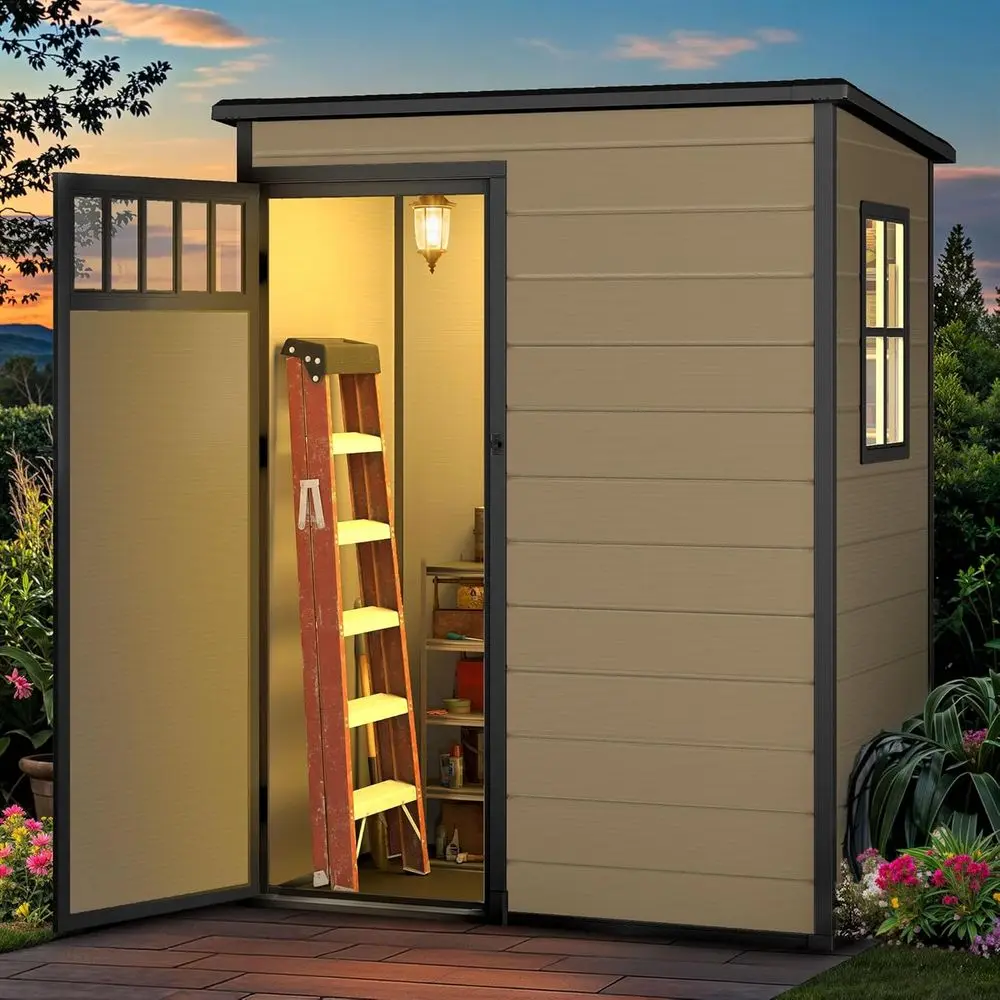 

Устойчивый к атмосферным воздействиям навес из смолы, вместимость 65 куб. футов, с окнами и наклонной крышей для хранения в саду на открытом воздухе коричневого цвета.