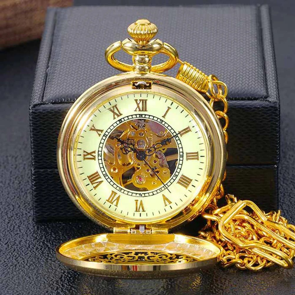 Gold Mechanical With Hollow Carving Necklace Pendant Clock Chain Birthday Anniversary Gift