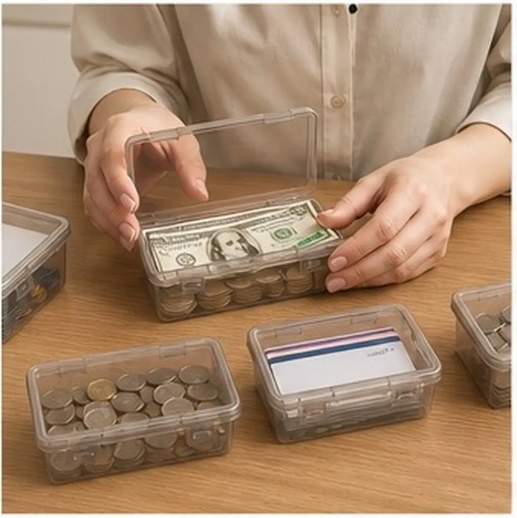 10Pcs Cash Storage Box Black Plastic Money Organizer Rectangular Currency Tray Lid Holder for Coins Cards Checks Pens