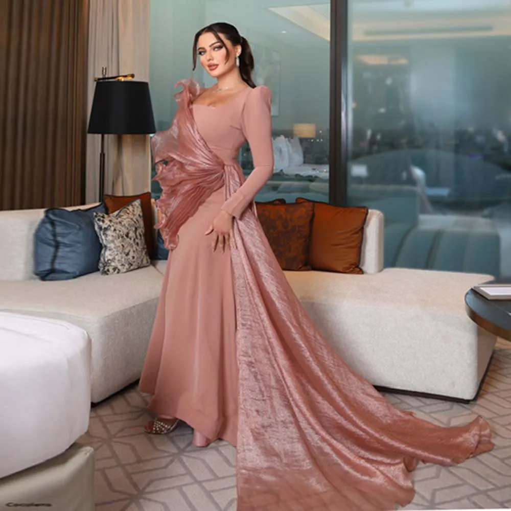 Customized Elegant Square Neck Evening Dress Pleated Overskirt vestidos de gala Long Sleeve Mermaid Formal Occasion Gown