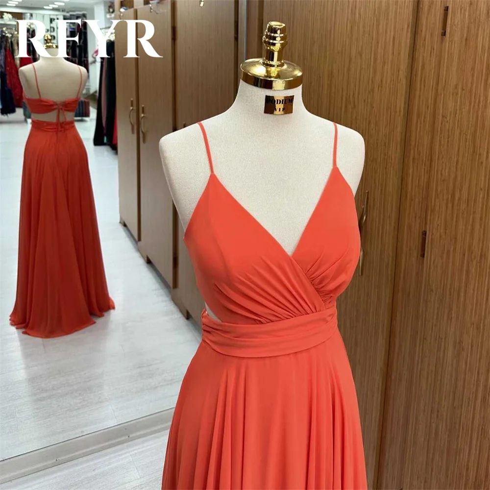 RFYR Simple Orange Long Party Dress Beach Sexy Night Dresses Pleats Satin Spaghetti Strap Celebrity Dresses vestidos de fiesta