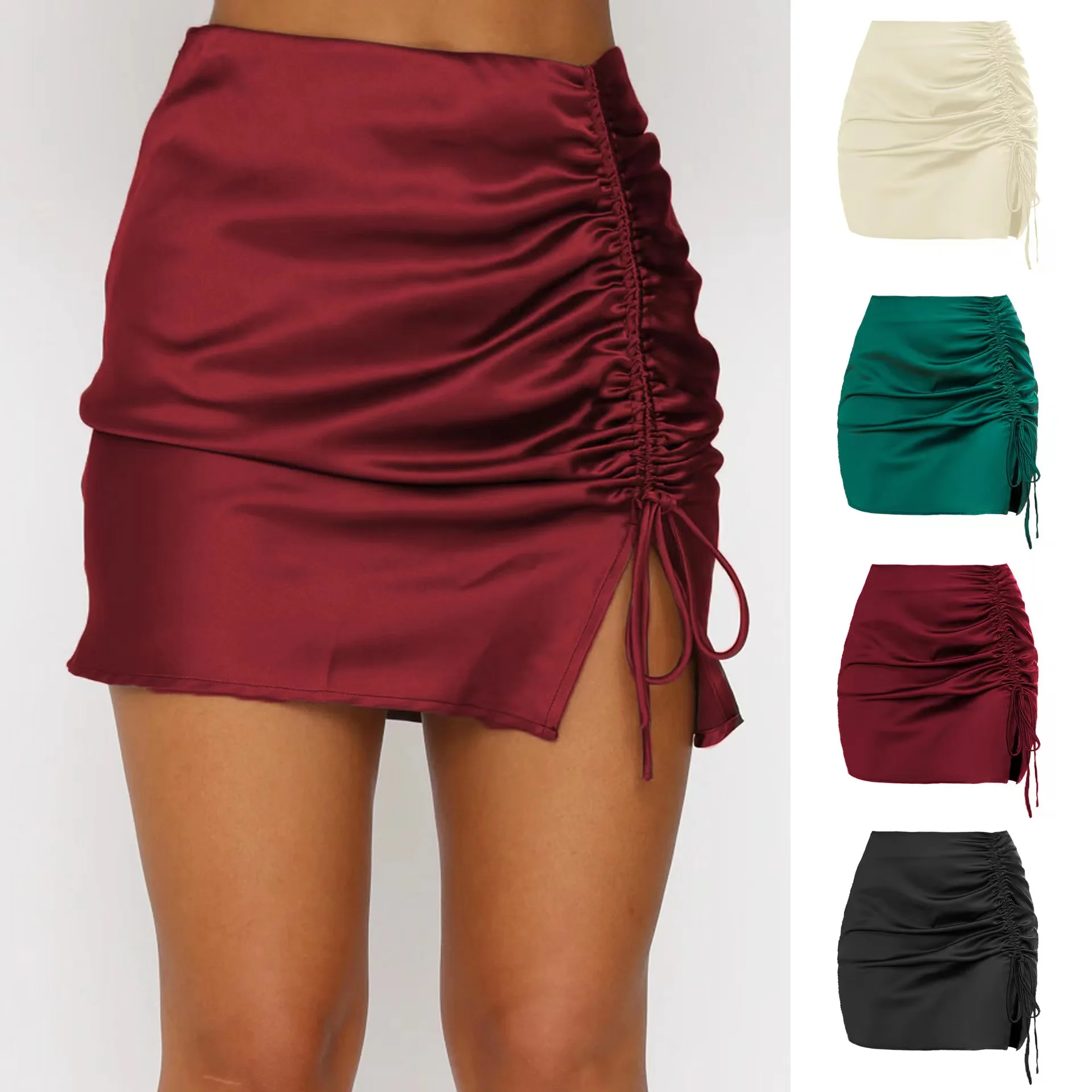 

Summer Pure Color Women's Sexy High Waist Zipper Gored Skirt f-length Bodycon ort Skirt Satin Fabric Dstring