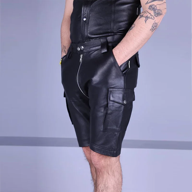 Men's Matte Leather Cargo Pants with Pocket Sexy Exotic Low Waist Two-way Zip Open Crotch Shorts Male Hot Pants Clubwear Custom