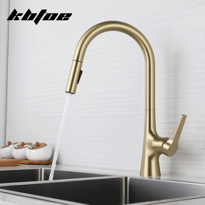 

Brushed Gold Pull Out Kitchen Faucet Deck Mounted Stream Sprayer Hot and Cold Water Wash Sink Mixer Tap Brass 360 Rotation Crane