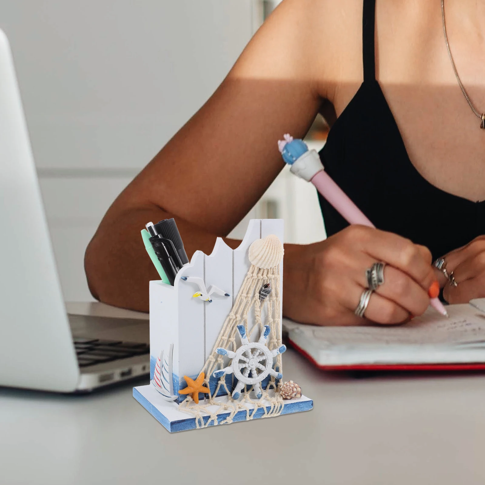 

Wooden Nautical Pen Holder Mediterranean Style Desk Organizer Pencil Cup Desktop Stationery Container Beach Office Supplies