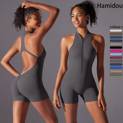 Half Zipper Women Bodysuits Gym Push Up Workout Clothes Backless Scrunch Fitness Sports Yoga Bodysuit Sleeveles Fitness Jumpsuit