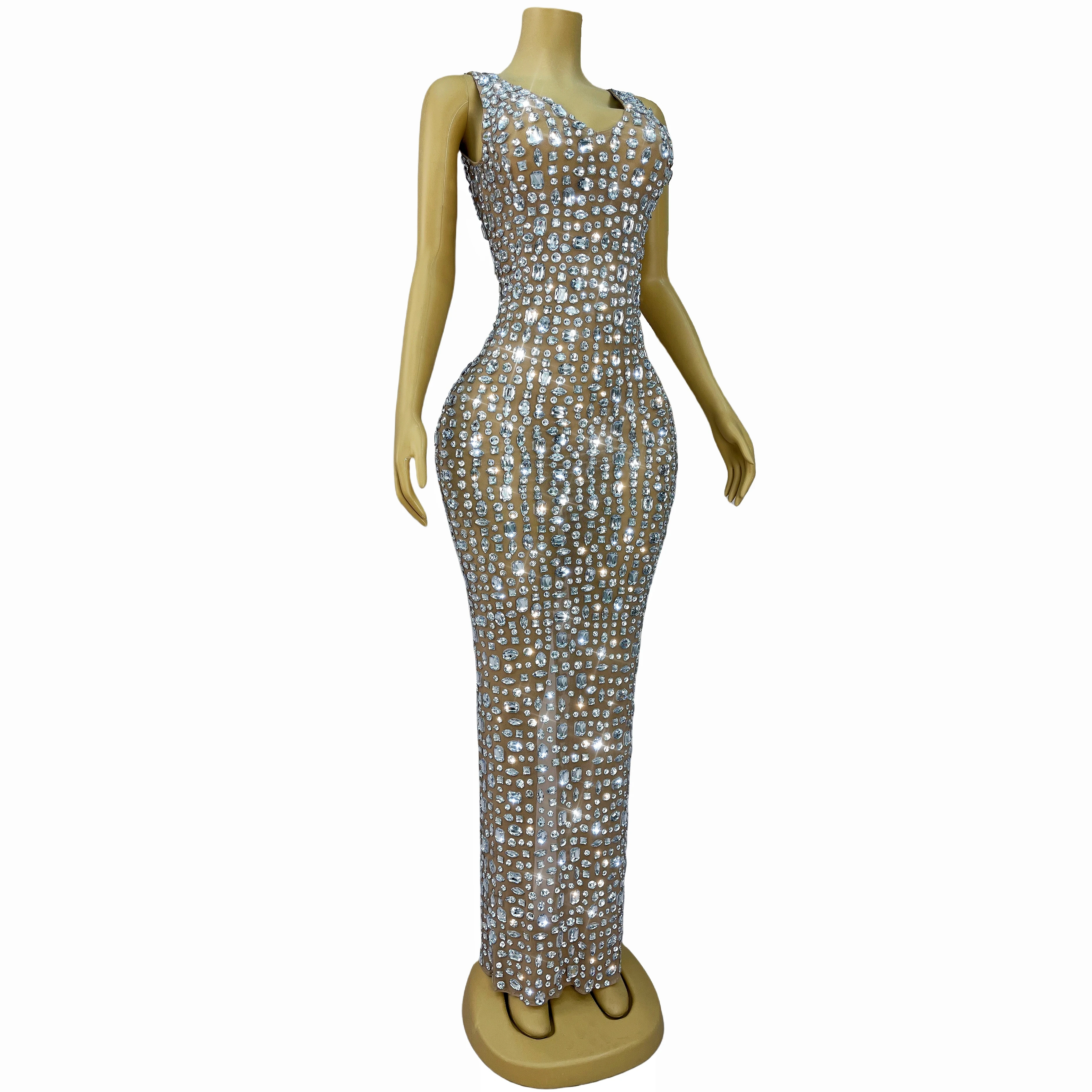 Simple style Shining Rhinestones Sexy Nude Mesh Dress Evening Birthday Celebrate Gown Red carpet Stage Elegant Outfit Baidou