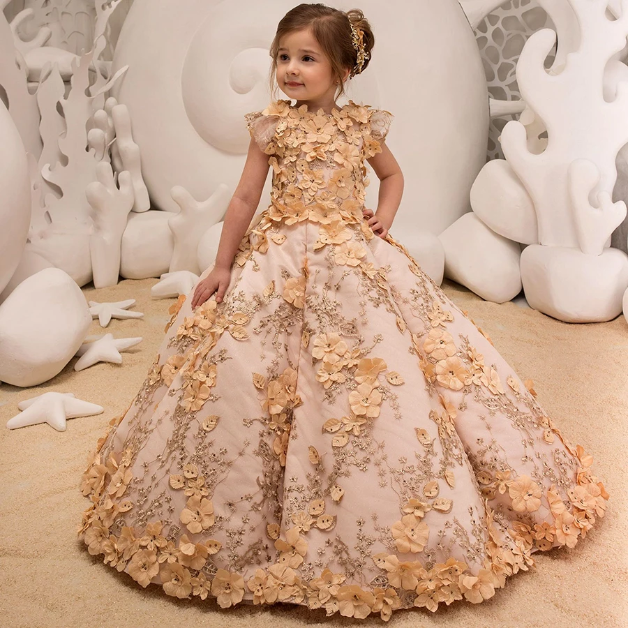 Luxurious Puffy Princess Flower Girl Dresses 3D Flowers Satin Appliques Wedding Party Birthday Child Long Pageant Ball Gowns