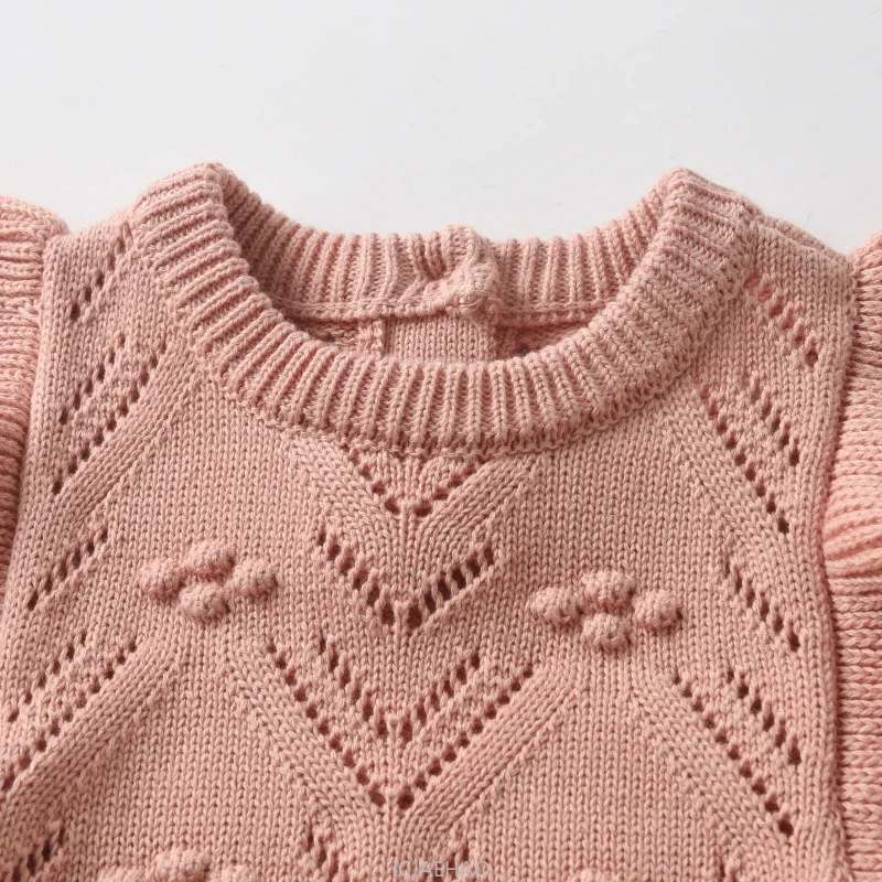 

2025 Kids Fall Knit Romper Baby Sweater Overalls Outdoor Costumes Matching Autumn Winter Children Flutter Sleeve Cotton Lace