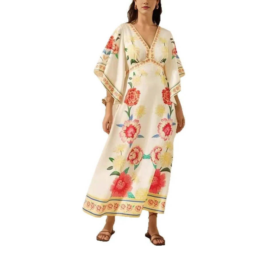 2025 verão planta tropical com decote em v bohe vestido feminino elegante meia manga solta vestido de festa casual cintura alta balanço a linha vestido