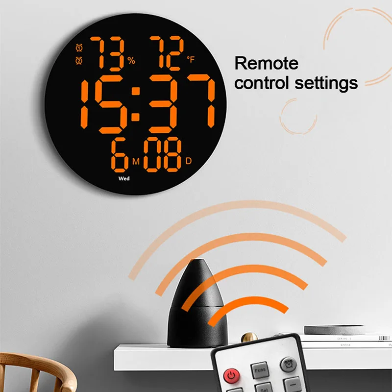 Multifunctional 10 Inch LED Round Large Screen Digital Living Room Wall Clock Silent Time Week Date Temperature Electronic Clock