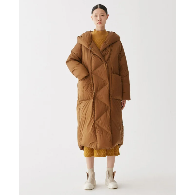 Women Waterproof Down Jackets Hooded Windproof Thick Coats Large Size White Duck Trend Over The Knee Keep Warm Slit Loose Solid