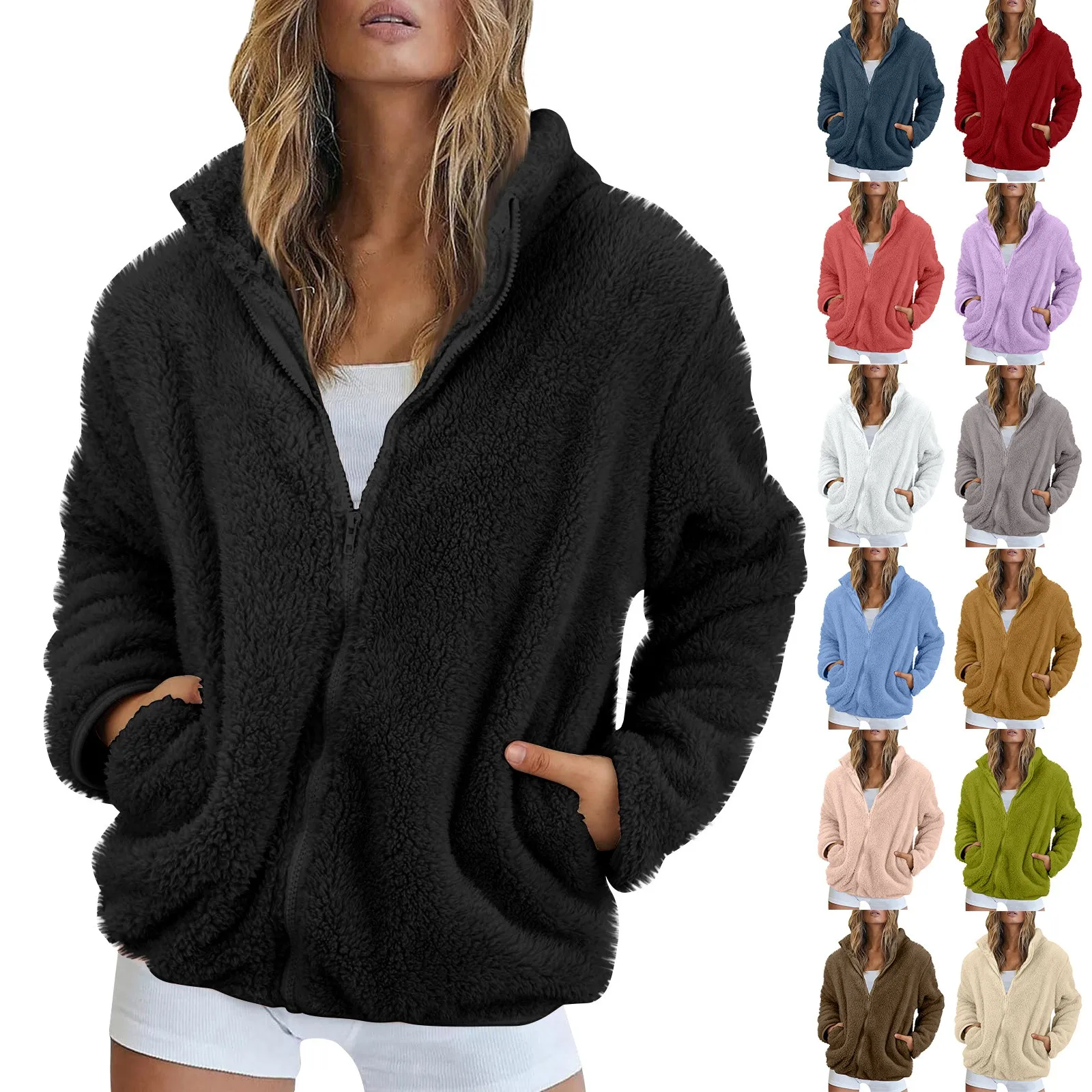 

Women'S Solid Color Fashionable Winter Loose High Neck Long Fleece Plush Warm Zipper Jacket Outdoor Warm Fluffy Woman Coats