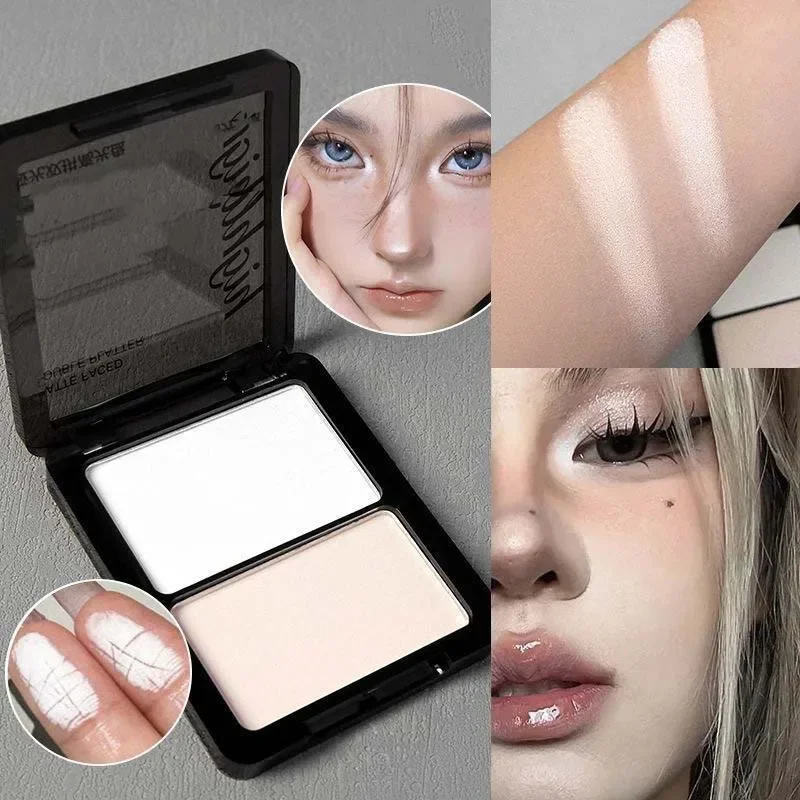 Dwukolorowy rozświetlacz i cień do powiek w pudrze, delikatny, naturalny, lekki, matowy wykończenie, cień do powiek z efektem soft focus, rozjaśniający makijaż.