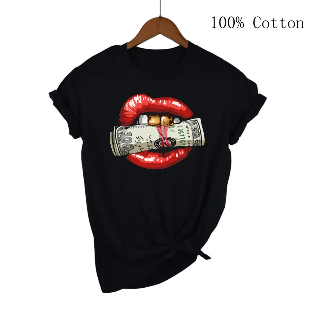 Money Lips Print T-Shirt Short Sleeve Crew Neck Casual Top For Spring & Summer Women's Clothing Women's Clothing