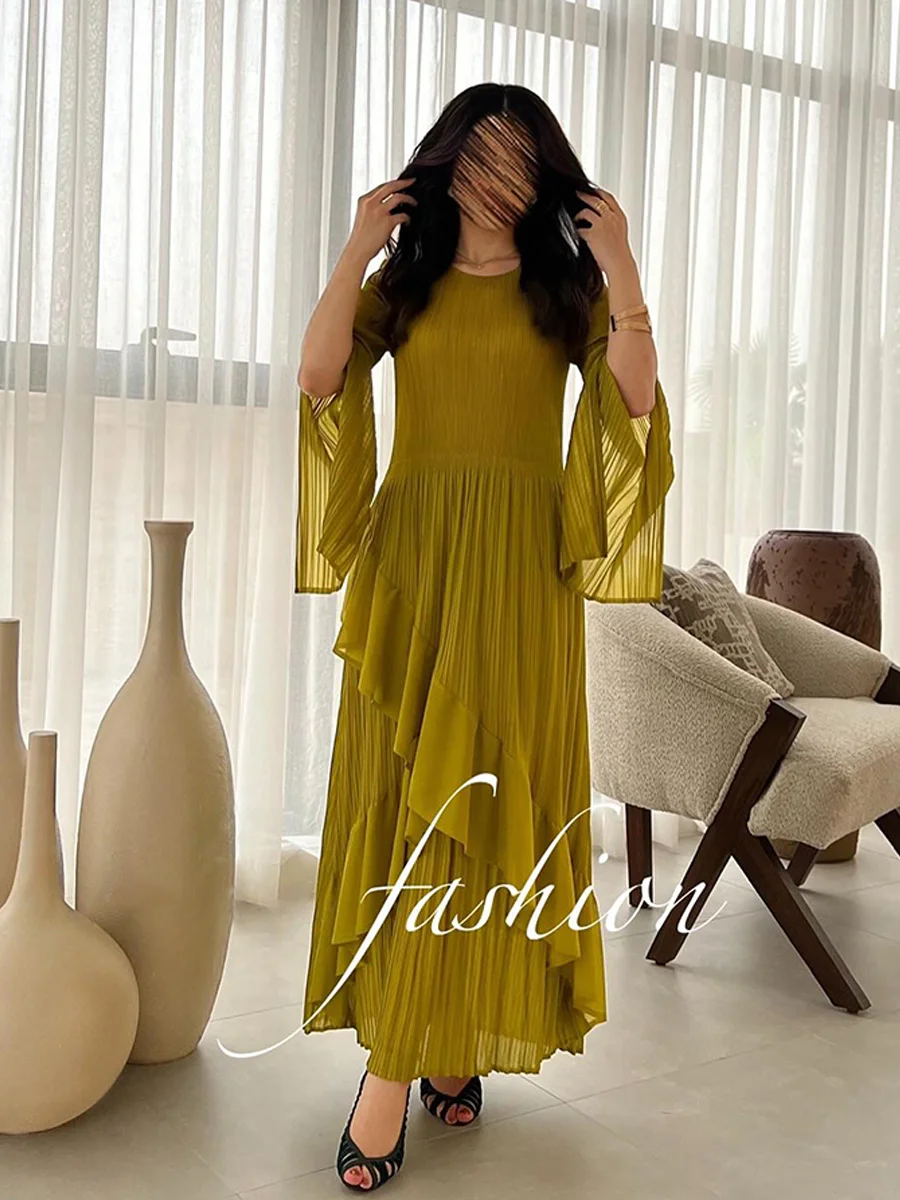 ANLAN Miyake Folds 2024 Spring New Ruffled Dress Fashion Pleated Full Sleeve Solid Color Plus Size Women A-line Long Skirt 9K207