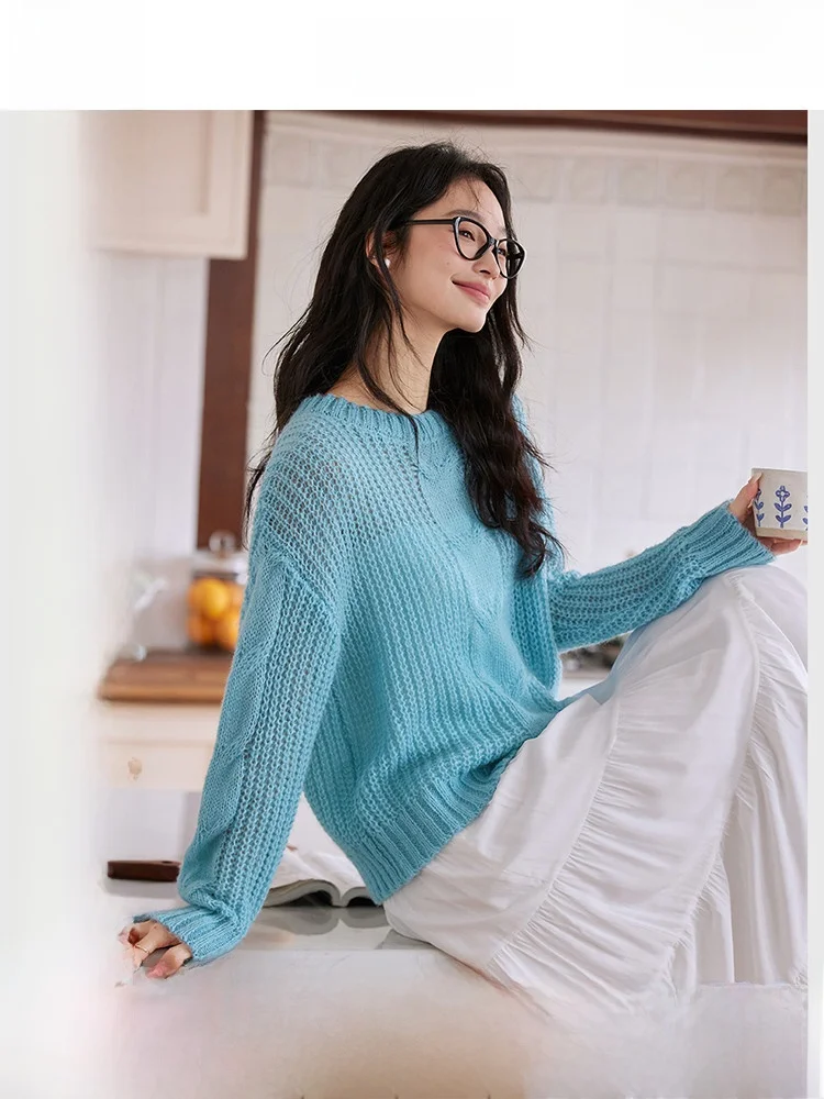 

Женский вязаный свитер с ажурным дизайном и длинными рукавами, свободного кроя, осенняя модная повседневная одежда, топ с круглым вырезом из нейлоновой смеси