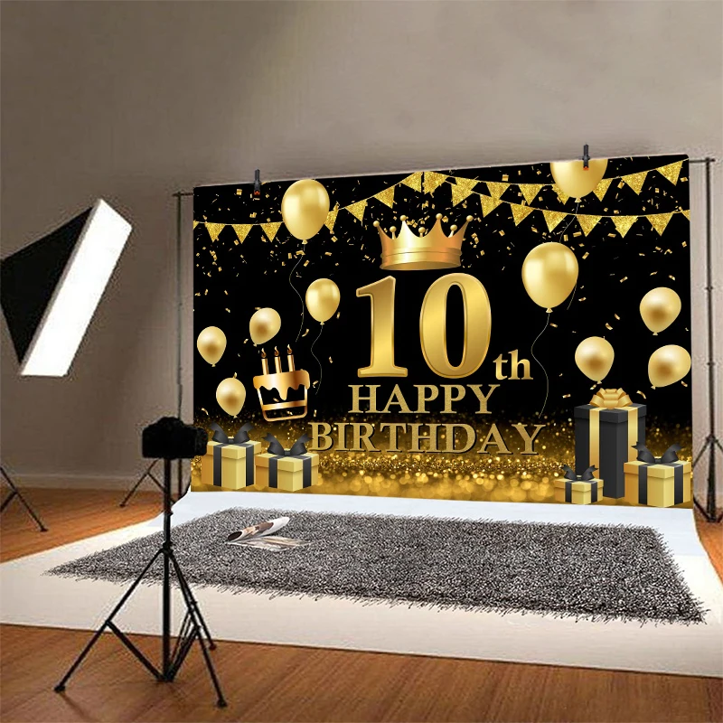 Happy 10th Anniversary Backdrop Boys Girls 10 Years Birthday Party Black and Gold Cake Table Decorations Banner Photo Background