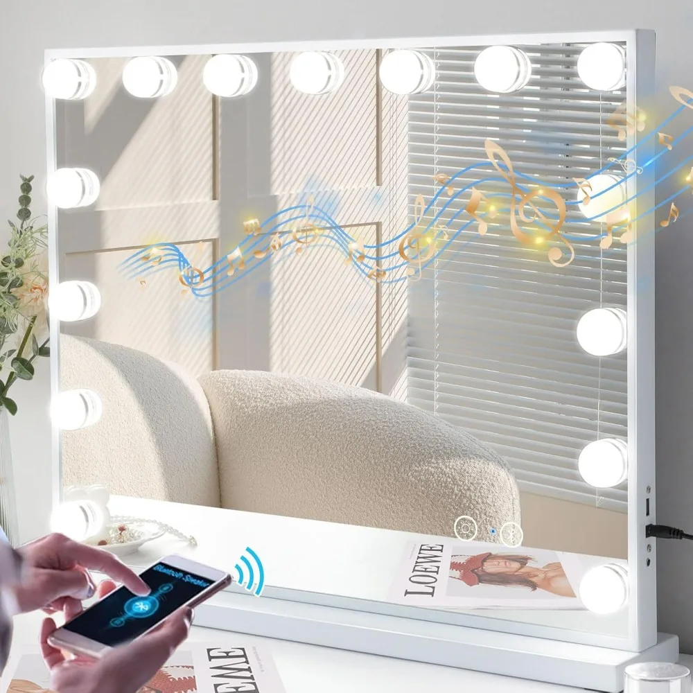 Vanity Mirror with Lights, Lighted Makeup Mirror with 15 Bulbs, 3 Light Colors, Adjustable Brightness, USB Port, Tabletop Wall